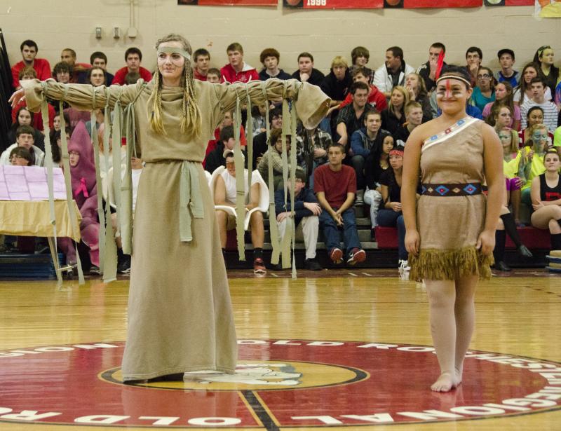 Holly Frink and Angela Conde played Grandmother Willow and Pocahontas, daughter of Chief Mattapoisett, in the sophomore class' skit. BY GEORGIA SPARLING