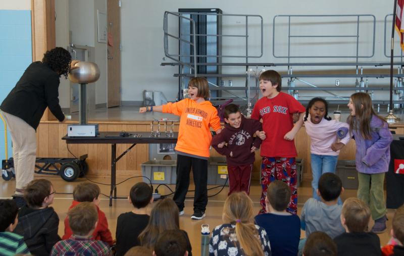 From left: Elinor Senna, Ty Dumas, Grady Vandal, Ava Russell and Julia Downey react to a static electric shock BY GEORGIA SPARLING