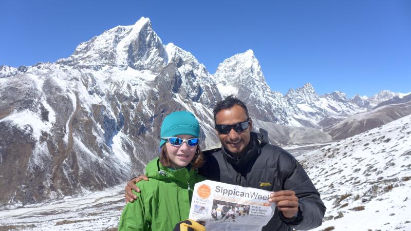 Megan Iverson and her family hiked to Mt. Everest base camp in March. Here Megan, 13, poses with their guide Suman. COURTESY JANE TUCKER