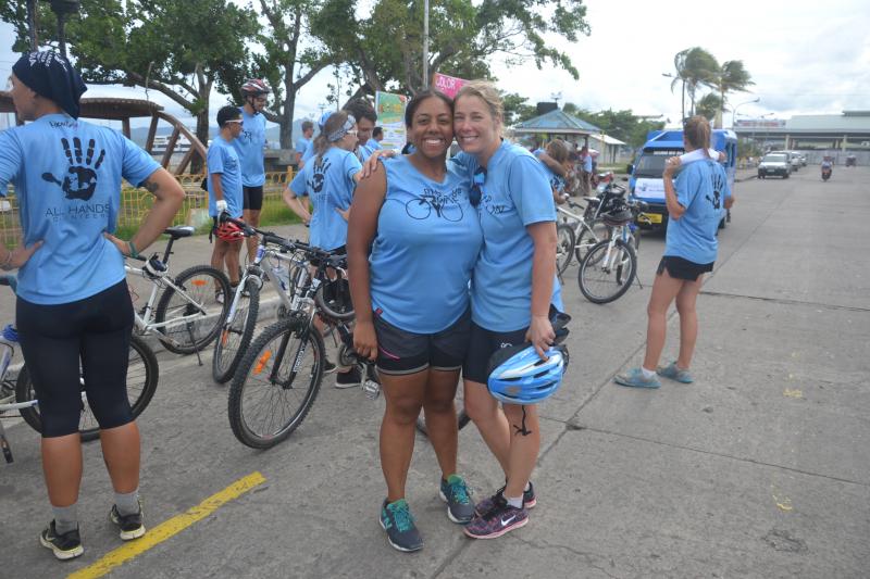 We survived! My travel and cycling partner, Heidi Dubreuil of Rochester, and I pose for proof that we finished the ride intact! BY ALL HANDS VOLUNTEERS
