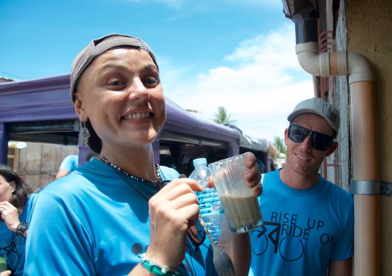 Long-term volunteer Jade Howe, pictured with fellow rider Tom Aitken, agreed to shave off her hair if she could raise $3,500. Her mom in the UK and several other volunteers did the same. She has received $5,556 in donations, to date. BY GEORGIA SPARLING