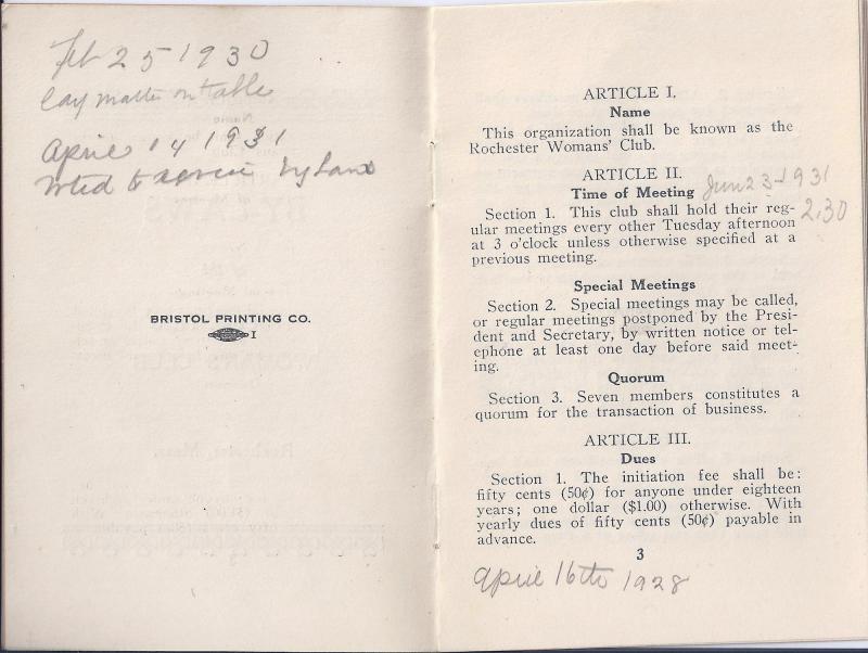 A small booklet outlines the dues and other bylaws of the group in 1928. COURTESY ROCHESTER WOMAN'S CLUB