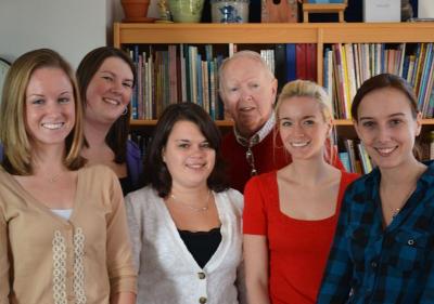 Student teachers Caroline Murphy, left, Ashley Craig, Kristina Laranjo, Stacy Albrecht and Ashley Bibbi, right, stand with Early Childhood education professor Dr. Gerald Thornell. BY JENNIFER HESHION