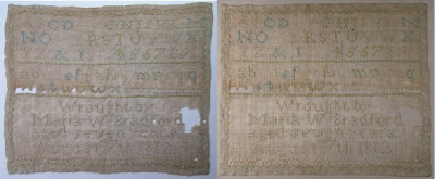 Tarleton worked her magic on this 1812 embroidered sampler, which is part of the Duxbury Rural and Historical Society's collection. COURTESY KATHRYN TARLETON