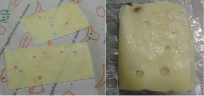 The cheese stands alone! Giglia left swiss cheese in the refrigerator for weeks to compare Ovtene's effect against plastic wrap. COURTESY ARCADIA NORTH AMERICA