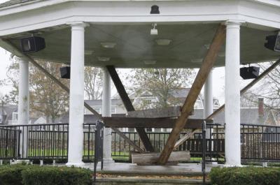 The gazebo at Shipyard Park was fortified with boards in anticipation of the storm. BY GEORGIA SPARLING