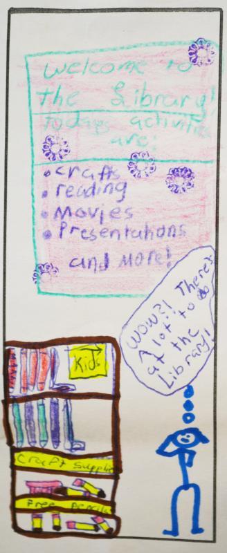 Amanda Wheeler's bookmark features stick figure patrons, lots of color, and a sign that highlights all of the activities offered by the library. BY JENNIFER HESHION