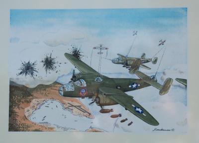 Selectman Tyler Macallister's grandfather depicted his experiences in World War II. Three paintings, including this one titled "Oh God, They're Trying to Kill Us" were on display on the library lawn. BY GEORGIA SPARLING