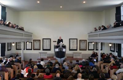 Father Mapple’s rousing sermon from Moby-Dick is read each year in the Seamen’s Bethel, across the street from the Whaling Museum. Because whaling was so dangerous, many whalemen felt the need to attend services at the Bethel prior to shipping out on whaling voyages. Among those so inclined was Herman Melville. While he was here, he attended Bethel services and the pew
