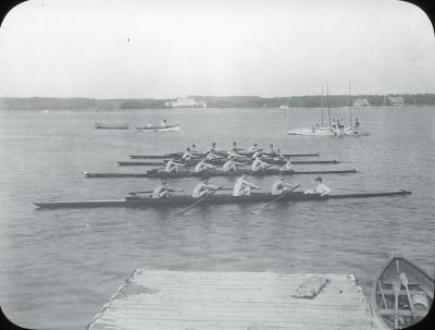 Circa 1926 or 1927, said filmmaker Jack Gordon, this photo shows four-man shells lining up to race on Sippican Harbor. COURTESY TABOR ACADEMY. CAPTION COURTESY: JACK GORDON