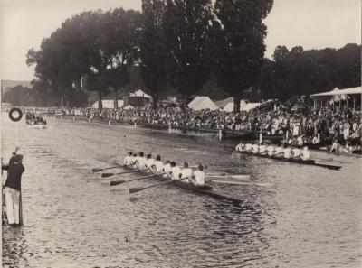 This photo was taken right before the finish of the final of the Thames Challenge Cup at the 1937 Henley Royal Regatta. It shows Tabor beating London Rowing Club to claim the cup. COURTESY TABOR ACADEMY. CAPTION COURTESY: JACK GORDON