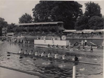 A very close race near the finish line of the semi-final of the Princess Elizabeth Cup at the Henley Royal Regatta in 1965 between Tabor and British powerhouse Emmanuel School. Tabor would go on to win against local rival Phillips Academy Andover to win the cup. COURTESY TABOR ACADEMY. CAPTION COURTESY: JACK GORDON