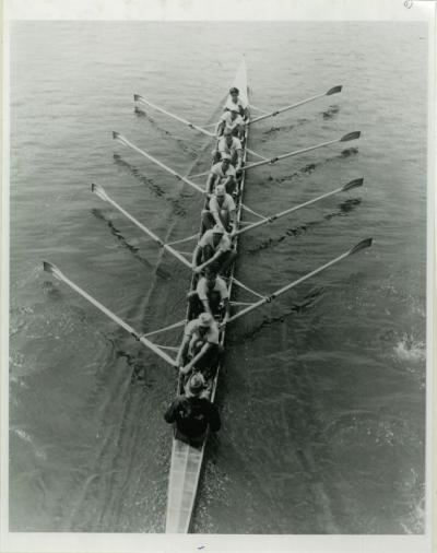 An overhead shot of the 1965 Henley-winning crew rowing. COURTESY TABOR ACADEMY. CAPTION COURTESY: JACK GORDON