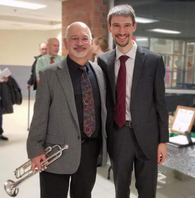 ORR JHS Band director and music teacher Richard Laprise poses Tobias Monte after the professional musician mentored and played with the seventh and eighth grade band. Photo by: E.O. Bednarczyk