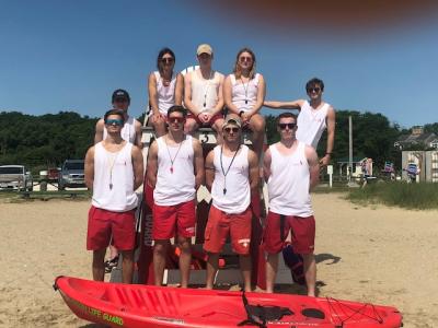 First row left to right: Patrick Cummings, Eli Spevack (Head Lifeguard, EMT), Mason DaSilva (Head Lifeguard), Stephen Delehanty.
Second row left to right: John Delehanty, Lea Bourgeouis, Marc Bourgeouis, Chelsey Peterson, Mac Fox. Michaela Mattson is not pictured.
Photo Courtesy of Jody Dickerson, Director of Recreation for the town of Marion.