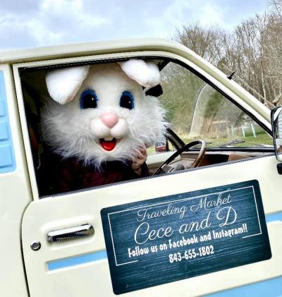 The Easter Bunny rides shotgun in the CeCe and D traveling marketing truck in a parade around Mattapoisett in partnership with Bold Moves Real Estate. Photo courtesy: CeCe and D traveling market