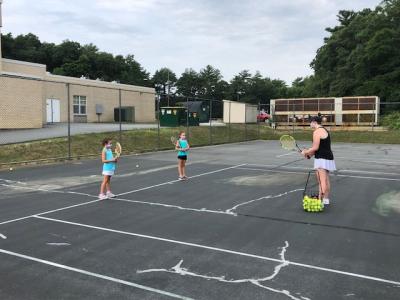 Tennis lessons were socially distanced, and player and instructors alike wore masks. Photo courtesy: Marion Recreation