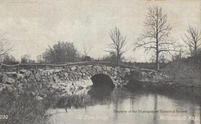 The stone bridge that crosses the Mattapoisett River sat on a more barren landscape. Photo courtesy: Mattapoisett Historical Society
