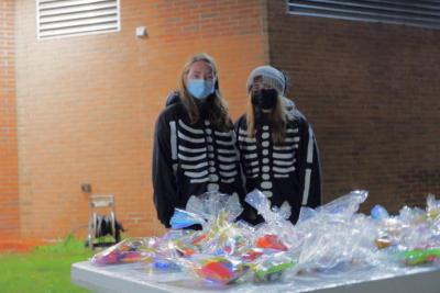Old Rochester Juniors Cameran Weaver and Maria Phsichopaidas dressed as skeletons for the OR Trunk-or-Treat. Photo by: Aidan Pollard.