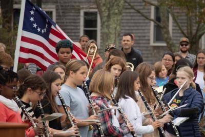 Members of the Sippican School Band played patriotic songs in between speakers at the Veterans Day event in Marion. Photo by: Sawyer Smook-Pollitt