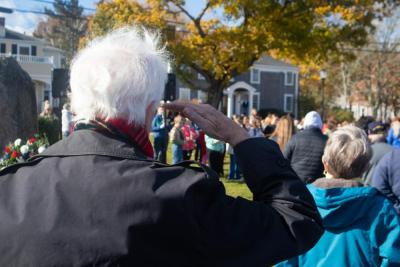 A man holds a salute while the Sippican School Band plays “Star Spangled Banner” during Marion’s Veterans Day ceremony on Saturday, Nov. 11.