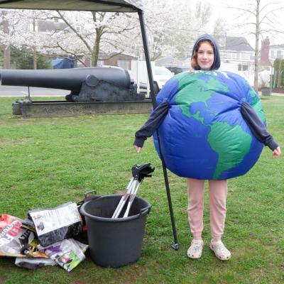 Phoebe van Inwegen represented Mother Earth at the Earth Day cleanup held Saturday, April 20 by the Sustainability Partnership group of the Mattapoisett Free Public Library. Photo by Erez Ben-Akiva