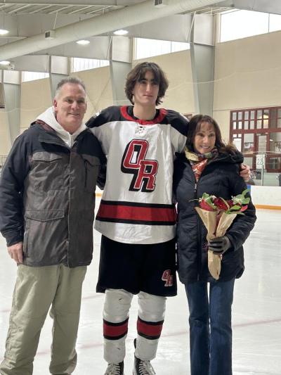 Old Rochester Regional High School hockey player Jack Langlais and family at senior night. Source: Zach Ledogar