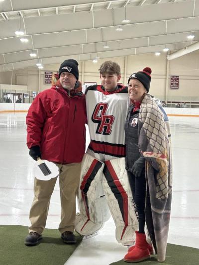 Old Rochester Regional High School hockey player Padraig Carrier and family at senior night. Source: Zach Ledogar