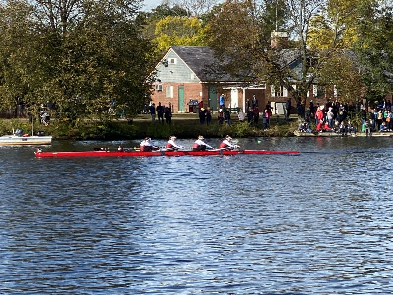 The Tabor crew rows their way through the Charles River. Photo by: coach Michael Bentz.