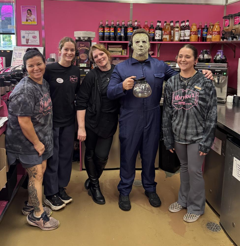 "Michael Myers" with the staff of Mary Lou's Coffee. "Michael Myers" with the staff of Mary Lou's Coffee.
