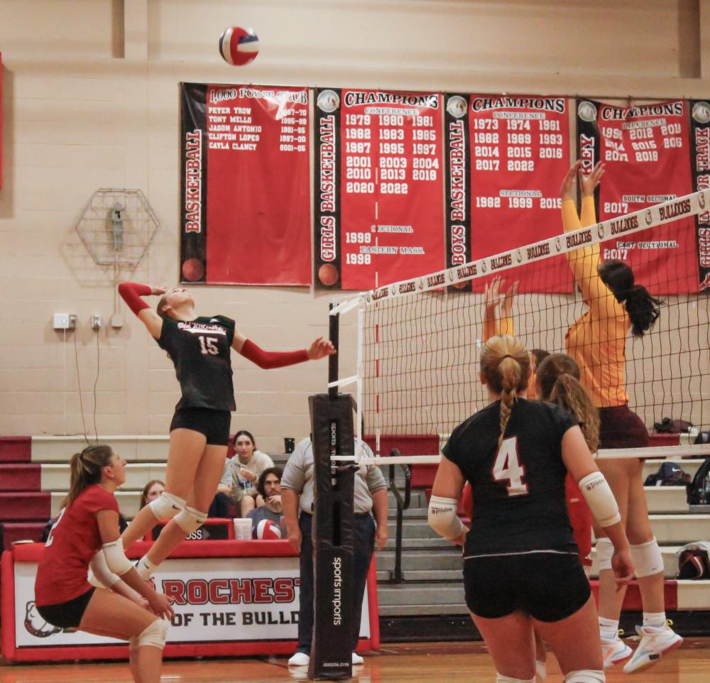 Old Rochester sophomore Sadie Hartley-Matteson spikes the ball.  Old Rochester sophomore Sadie Hartley-Matteson, 15, spikes the ball. Photos by Grace Ann Natanawan