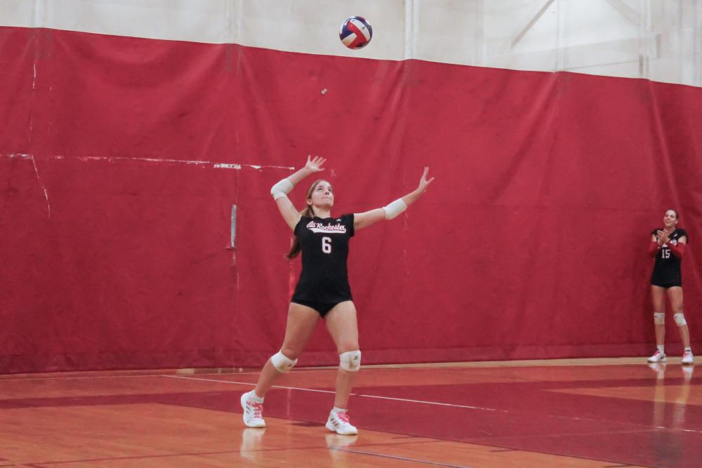 Freshman Aubrey Griffith serves. Freshman Aubrey Griffith serves.