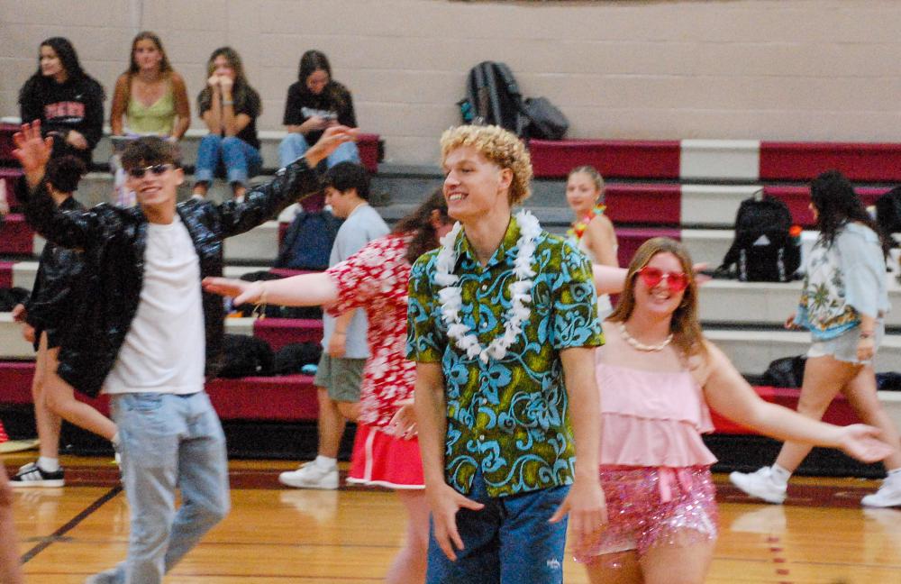 Noah Thorell and other seniors practice their skit before the assembly. Noah Thorell and other seniors practice their skit before the assembly.
