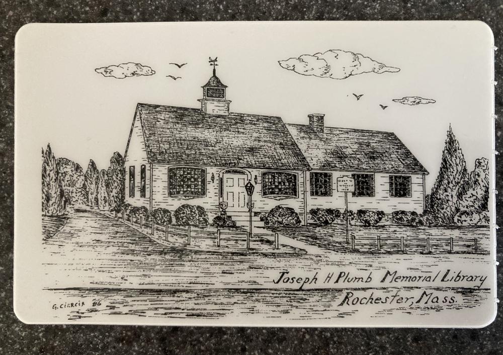 Plumb Library is offering patrons special cards bearing a drawing of the building in celebration of its 50th anniversary. Photo source: Kristen Cardoso