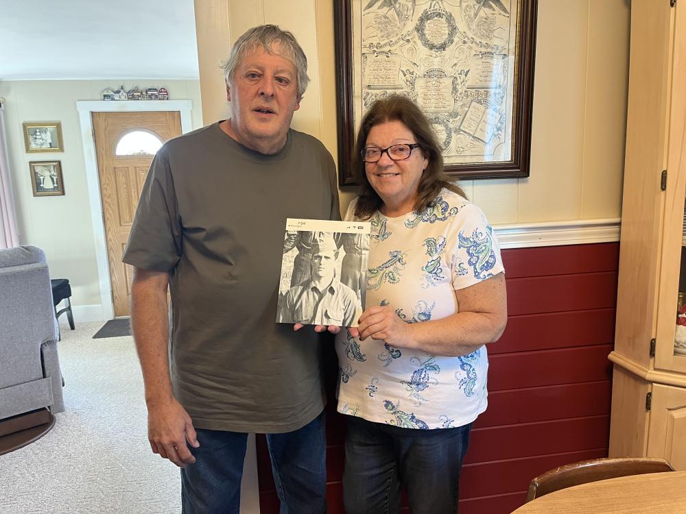 Garry and Pauline Parker hold a photo of WW2 soldier William Gervais Jr at their Fairhaven home. Photos by Grace Roche