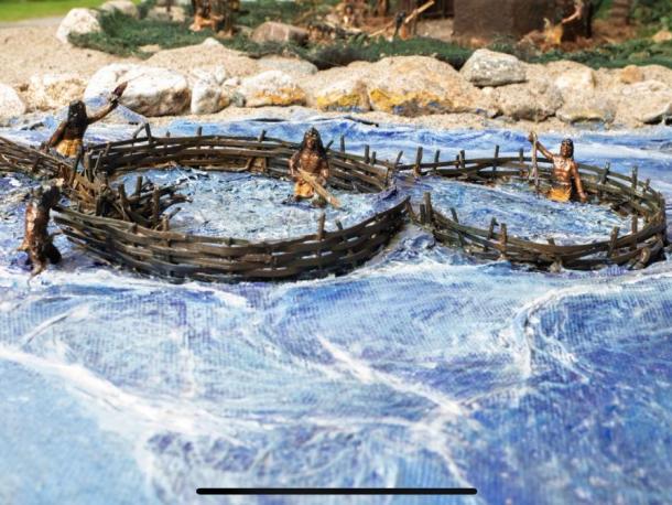 Men working on a fish weir at the mouth of the Mattapoisett River in the Museum's diorama depicting what the Wampanoag village of Mattapoisett may have looked like 2,000-3,000 years ago. Source Phil Mello