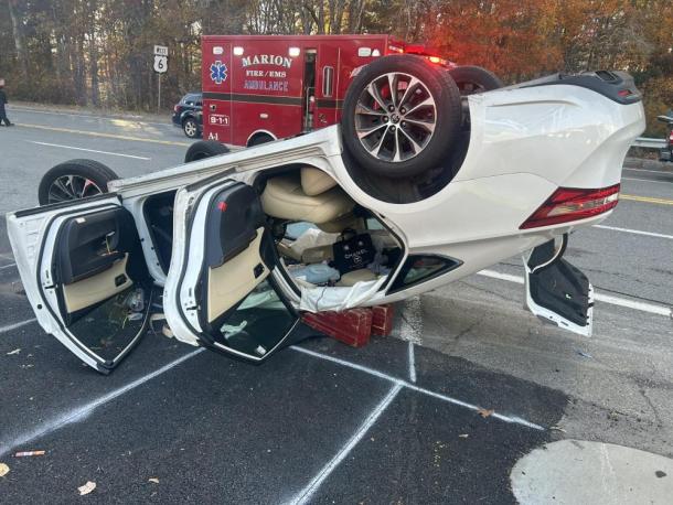 A Toyota Avalon containing a driver and one passenger rolls over due to a collision. Source: Marion Fire/EMS Facebook