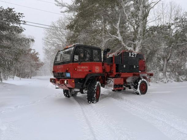 Many roads remain unplowed during this blizzard, making travel with typical emergency vehicles difficult. Photo source: Marion Fire/EMS