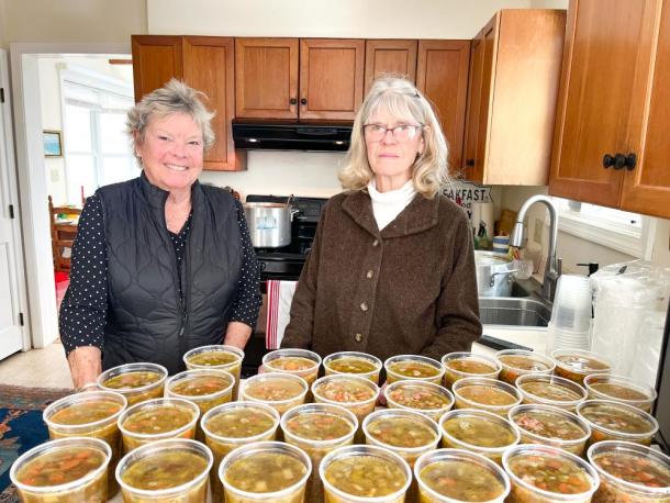 Meg Albert, left, and Patty Nicholson make a combined 80 quarts of soup for Damien's Food Pantry each week. Photo by : Grace Roche
