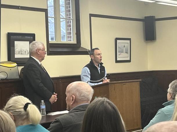Select Board candidate Eric Beauregard speaks at the Mattapoisett Candidates' Night on Wednesday, April 29. Photos by Grace Roche