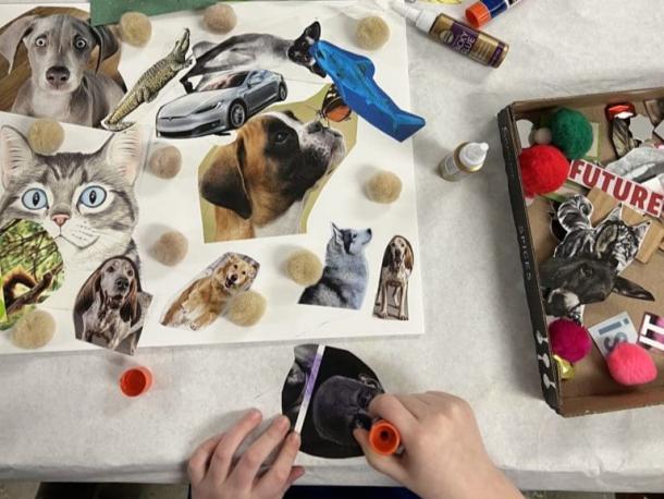 A student crafts a collage featuring animals and a car during a session at the Marion Art Center. Photo source: Marion Art Center