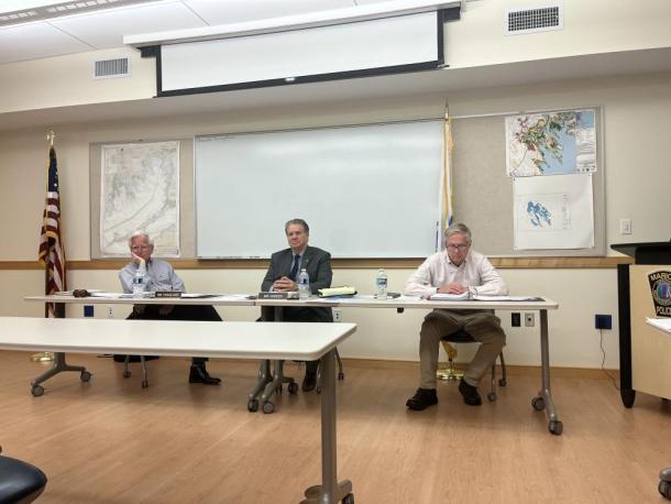 Select Board members John Hoagland, Randy Parker and Toby Burr passed a restriction on parking in the grass at Island Wharf during a Tuesday, May 19 meeting. Photo by Grace Roche