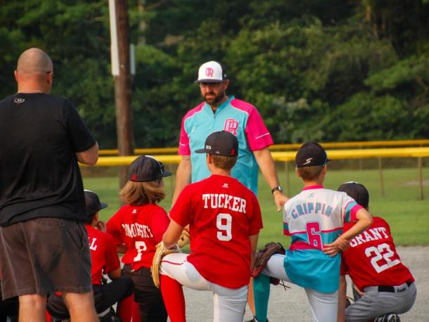 Coach Derek Crippin talks to the Old Rochester Youth Baseball 11U All-Stars during a Thursday, July 16 practice at Dexter Field. Photos by Grace Roche