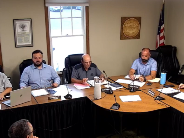 From left: Town Administrator Cameron Durant and Select Board members Paul Ciaburri, Adam Murphy and Bradford Morse at the Monday, Aug. 17 meeting. Photo source: ORCTV