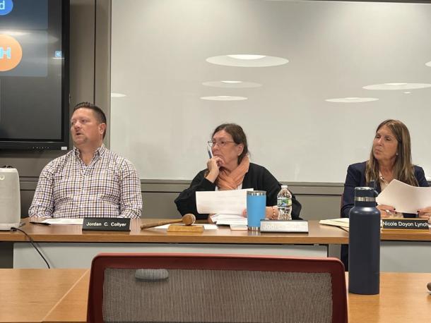 From left: Select Board members Jordan Collyer, Jodi Bauer and Nicole Doyon Lynch at the Tuesday, Oct. 13 Select Board meeting. Photo by Grace Roche