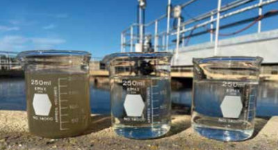 Wareham’s wastewater treatment plant removes much of the nitrogen and other pollutants from water. This image shows raw sewage on the left, Wareham’s treated discharge is center, drinking water on right. Photo courtesy: Buzzards Bay Coalition