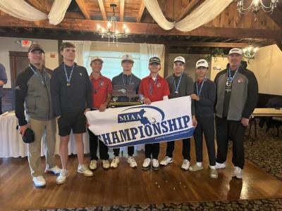 Old Rochester celebrates their state championship. From left to right: Coach Carroll, August Herbert, Luke Pierre, Brady Mills, Jack Czerkowicz, Brenden Fuller, John Bongiorno, and Head Coach Chris Cabe. Source: ORRHS Facebook Page Old Rochester celebrates their state championship. From left to right: Coach Carroll, August Herbert, Luke Pierre, Brady Mills, Jack Czerkowicz, Brenden Fuller, John Bongiorno, and Head Coach Chris Cabe. Source: ORRHS Facebook Page