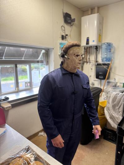"Michael Myers" helps out the staff of Mary Lou's Coffee in Rochester while working the drive-thru. "Michael Myers" helps out the staff of Mary Lou's Coffee while working the drive-thru.