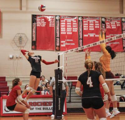 Old Rochester sophomore Sadie Hartley-Matteson spikes the ball.  Old Rochester sophomore Sadie Hartley-Matteson, 15, spikes the ball. Photos by Grace Ann Natanawan