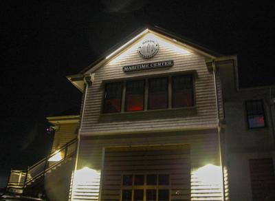 The lights have been dimmed all around the building. 